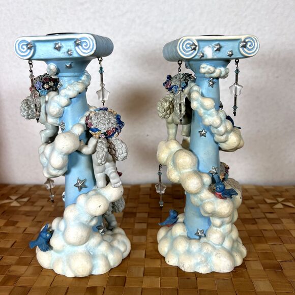 DREAMSICLES 7”Cherubs Candlesticks X2 BY DANBURY MINT Baby Blue w/ Stars Clouds - Picture 9 of 16